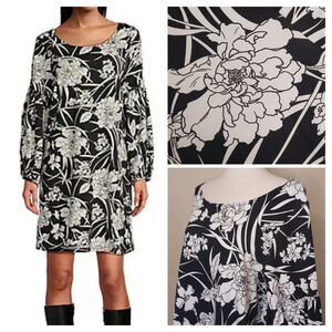 Bryn Walker Dress Sz S Black White Floral Mini Oversized Dramatic Balloon Sleeve